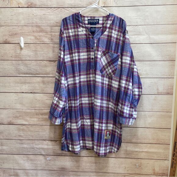 VINTAGE ESLEEP DORM FLANNEL SLEEP SHIRT IN PURPLE PLAID - Picture 1 of 6